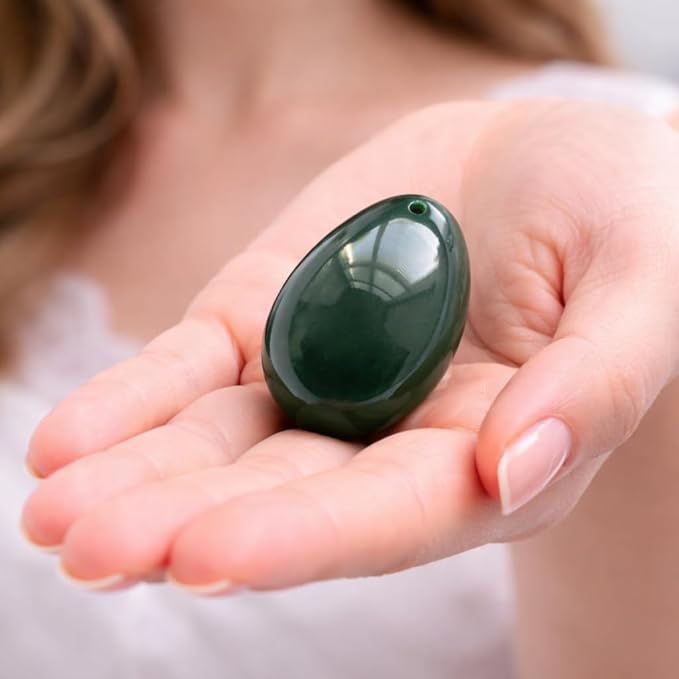 Polar Jade Stone Egg Made of Nephrite Jade, Medium Size (43x30mm), Drilled, with Unwaxed String and Instructions