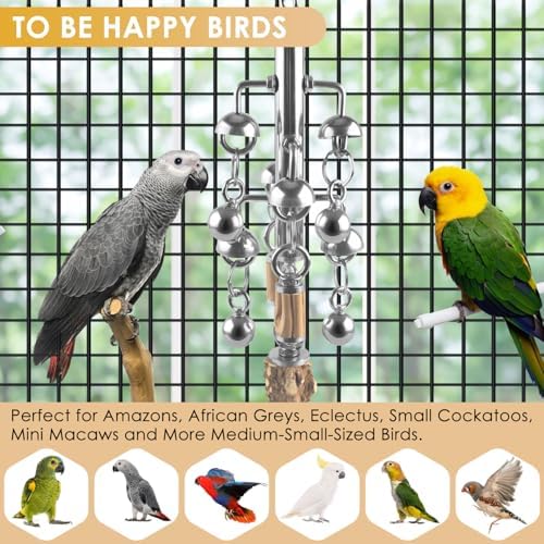 KATUMO Large Bird Toys, Natural Wooden and 304 Stainless Steel Bell Toy for Parrots, 1.46 LB Heavy Birds Cage Toy for Amazon Parrot, African Greys, Budgies, Lovebirds, Cockatiels,Cockatoo