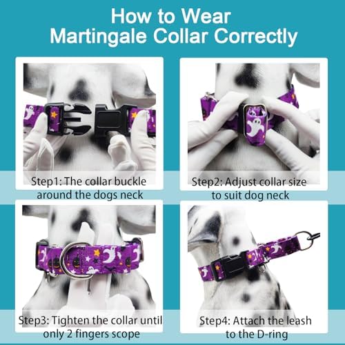 Halloween Martingale Collar for Dogs with Buckle Adjustable Holiday Dog Collars (Purple Ghost, Medium)