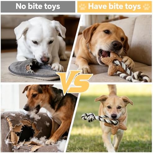 Dog Chew Toys for Aggressive Chewers – Puppies & Adults, Multiple Textures & Rope， ndestructible Tough Durable Interactive Dog Toys， Brown Stars