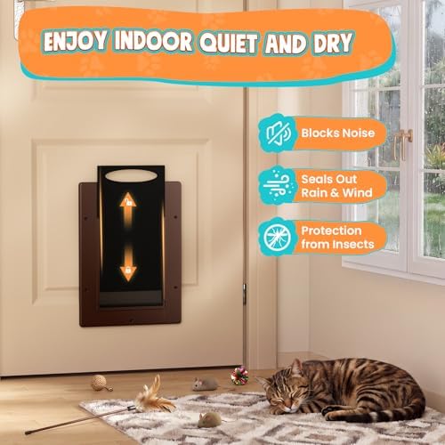 Cat Door for Interior & Exterior Doors, Pets Up to 20 lb, Brown | ﻿Soft Magnetic Flap, Sliding Lock Panel, Adjustable Tunnel, Save energy, Prevents Paw Pinching, Easy DIY Installation