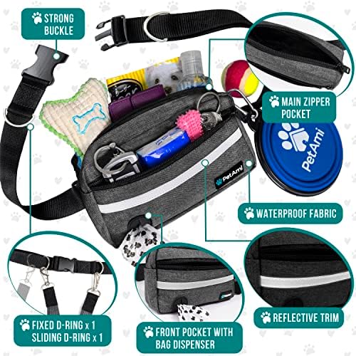 PetAmi Hands Free Dog Leash Waist Belt Bag Fanny Pack, Single, Dark Gray