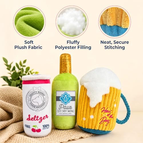 PrimePets 3 Pack Plush Squeaky Dog Toys, Drink-Themed Dog Toy Set