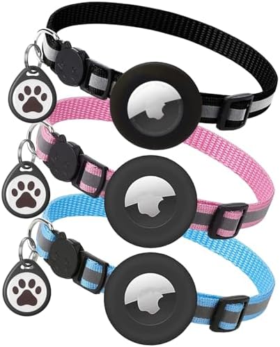 3 Pack/Airtag Cat Collar Breakaway, Reflective Kitten Collar with Apple Air Tag Holder and Bell for Girl Boy Cats, 0.4 Inches in Width and Lightweight+cat tag (3 Collars & AirTag Holder)