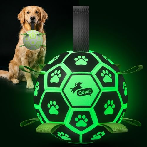 QDAN Glow in The Dark Dog Toys, Dog Soccer Ball with Straps, Night Play Fun | Light Up Dog Balls for Large Dogs, Interactive Training Dog Tug Toys for Tug of War, 8 Inch, 30-90 lbs Puppy Ball, Dog Gifts