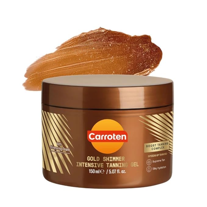 Carroten Gold Shimmer Tanning Gel | Browning Indoor/Outdoor Tan Accelerator | Non-Greasy, Water-Resistant with Carrot & Coconut Oil | Vitamin A & E For Moisture & Hydration | Made in Greece | 5 Fl Oz