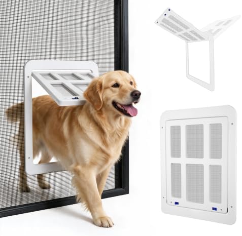 Enjoying Dog Screen Door for Sliding Screen Door, Flap Opening 11.2" x 14.4", Screen Door with Magnetic Doggie Door Built-in, Large Doggy Door for Screen Window Thin Metal Door, Lockable, White