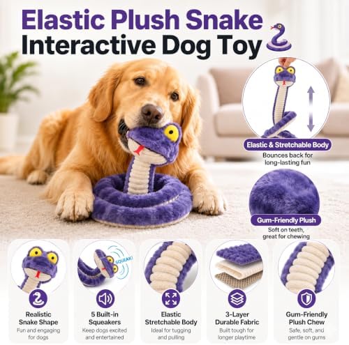 Squeaky Dog Plush Chew Toy, Interactive Tug Squeaky Toy for Chewers, Medium & Large Dogs & Fetch Play, 39.4 in Stuffed Silly Snake Toy with Elastic Stretchable Body for Gentle Gum Care&Boredom Relief