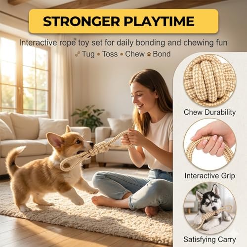 Dog Rope Toy Set 4 Pack, Rope Toys for Dogs & Chew Gear for Aggressive Chewers, Tug of War Dog Toys for Boredom, Puppy Essentials Teething Gadgets for Small Puppies, Teeth Cleaning