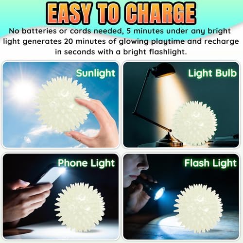 LECHONG 4-Pack Glow in The Dark Squeaky Dog Balls, 4.5” Large Spiky Dog Toy Balls, Durable Glowing Rubber Fetching Ball for Medium & Large Dogs Nighttime Playing Indoors & Outdoors