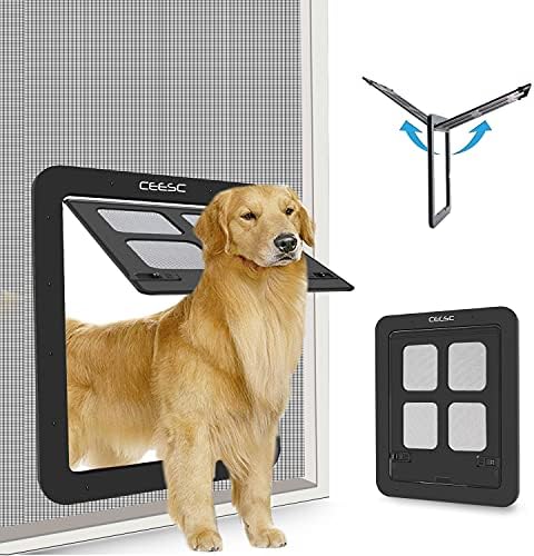 CEESC Dog Screen Door (Outer Size 14.56" x 16.92"), Lockable Pet Screen Door for Dogs & Doggie, Doggie Door for Screen Door(Large, Black)