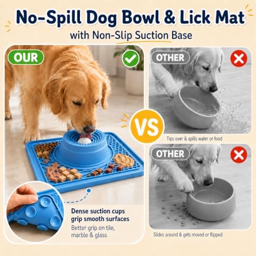 Slow Feeder Dog Bowls & Lick Mat Combo for Liquid and Thick Treat, Silicone