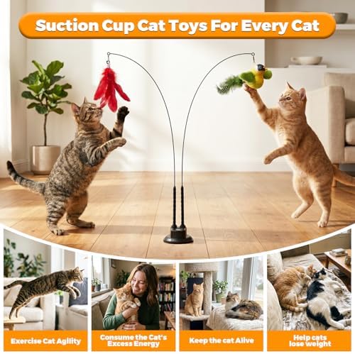 Interactive Suction Cup Cat Teaser Wand, Cat Toy with Simulated Bird & Spinning Feather Attachments, Strong Suction Base & Long Steel Wire for Kitten Self-Entertainment (Detachable)