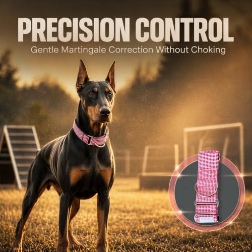 Pink Dog Collar Medium, Adjustable Martingale Dog Collar, 13.8 to 18.9 in, 2.0 in Wide Grid Pattern, Soft Padded Training Neckband with Metal D-Ring for Medium Large Dogs Walking