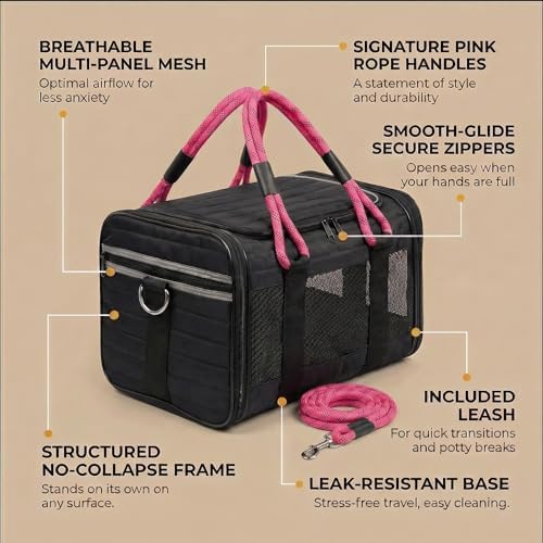 Soft-Sided Pet Carrier, Black Pink, 19.7 x 11.8 x 11.4 in