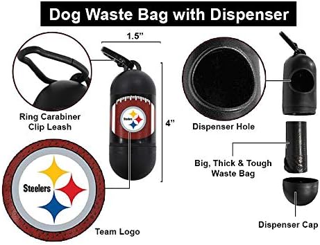 Pets First NFL PITTSBURGH STEELERS PET LICENSED Poop Waste Bag Dispenser and D Ring for Leash with 45 Premium Garbage Bags