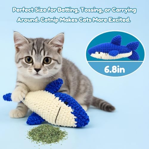 Catnip Fish Toy - Hand-Crocheted with Real Catnip & Bell, Interactive Kicker Toy for Cats Kitten, Soft & Safe for Biting