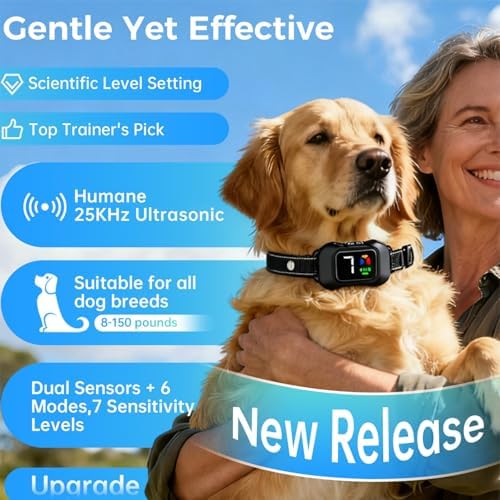 Bark Collar No Shock Humane – 25KHz Ultrasonic, Beep & Vibration Combinations, 6 Smart Modes, 7 Sensitivity Levels,Waterproof & Lightweight,Adjustable for Large,Medium & Small Dogs