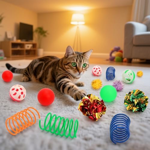 Nicunom 100 Pcs Cat Toys for Indoor Cats and Kittens - Spring, Fur Mice, Crinkle Ball, Sparkle Pom Pom Ball, Bell, Catnip Rope, Variety Cat Interactive Toy Set