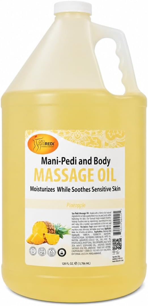 SPA REDI Pineapple Massage Oil – 5-Botanical Blend with Almond, Avocado & Vitamin E | Professional Spa & At-Home Full Body Use | Cruelty-Free, Sulfate-Free, Silicone-Free, Zero-Residue | 128 oz