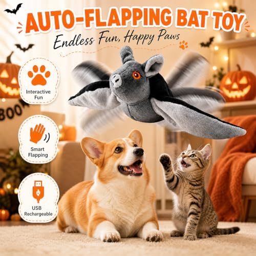 Flying Bat Dog Toy, Flying Bat Toy for Dogs, Flapping Bird Interactive Cat Toy, Cute Flapping Wings Electric Teasing Cat/Dog Toy, Hanging and Ground Play