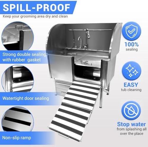 Professional Dog Grooming Tub, 50 in Stainless Steel Dog Wash Station With Foldable Ramp, Storage Drawer, Floor Grate & Faucet/Dog Bathtub for Large, Medium & Small Pets - Right Door (50 in )