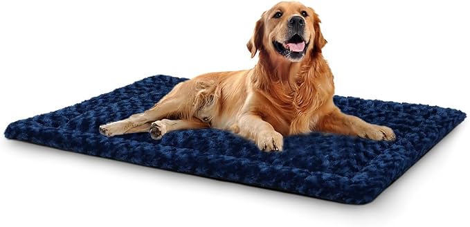Exsnugy Washable Dog Bed Mat Large Size Fluffy Pet Crate Pad 42x28 XL | Non-Slip Bottom Kennel Beds Ultra Soft Comfy Sleeping Mattress for Large Medium Small Dogs Blue