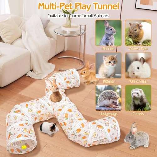 PINVNBY Large Rabbit Tunnel，Collapsible Rabbit Tunnels for Indoor Bunnies Bunny Hideout with 5 Types of Chewing Toys for Ferret Kitten Small Animals (Faucet Shape)