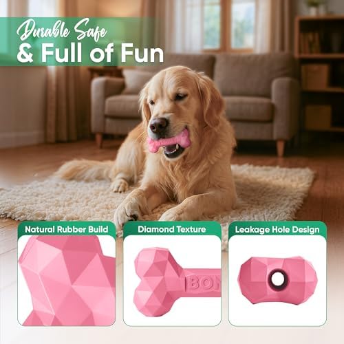 Natural Rubber Dog Toys for Small Dogs & Puppies - Durable Dental Dog Bone Toy for Indoor & Outdoor Play - Interactive Tough Teething Toy for Boredom Relief - For 25 lbs Small Dogs (Pink)