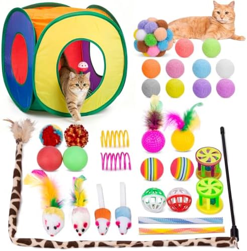 Retro Shaw 33Pcs Cat Toys with Tunnel, Kitten Toys for Indoor Cats | Interactive Cat Feather Teaser Wand Springs Pompom Ball Bell Plush Mice for Kitty Exercise Game