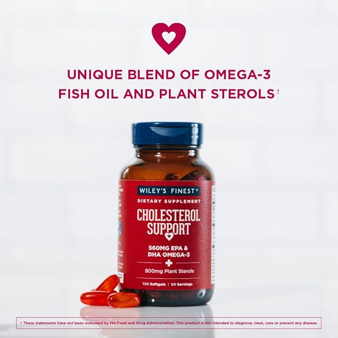 Wiley's Finest Wild Alaskan Fish Oil Cholesterol Support - Heart Health Supplement for Men and Women - 560mg Omega-3s - 120 Softgels (60 Servings)