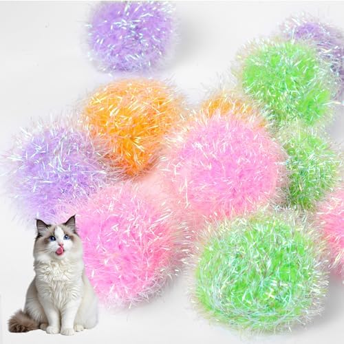 Psyqtsuary 12 Pcs Cat Ball Toys, 2 Inch Sparkle Fuzzy Balls Interactive Cat Toy Soft Pom Pom Sparkle Fuzzy Balls Assorted Color