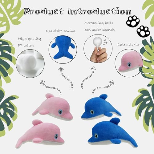 Dog Hide and Seek Toys Puppy Chew Squeaky Toys Plush Mushroom&Bamboo&Shell Hideout Stuffing with Squeakers Animals (3Pcs Squeaky Dolphin Blue)