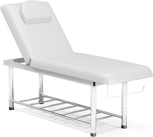 SyyBhb Professional Stationary Massage Table, 550lbs Heavy Duty Wide Exam Bed for Treatment, Backrest Adjustable, Removable Headrest, Bottom Shelf Storage and Towel Hook, White