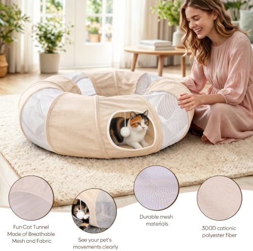 Ownpets 2 in 1 Collapsible Cat Tunnel for Indoor Cats with Cushion Bed