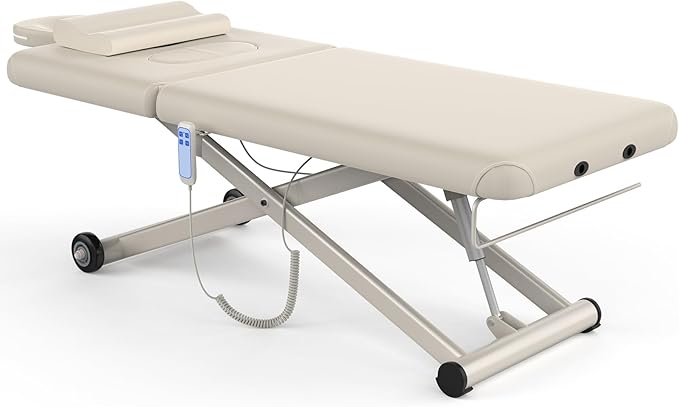 Electric Massage Bed with Adjustable Height and Backrest, Electric Massage Table for Treatment, Physical Therapy and Spa Facial Bed, 2 Motor, Hydraulic Equipment, Remote Control, 32 W x 75 L, Beige