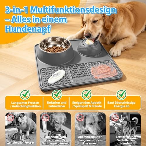3-in-1 Dog Lick Bowl with Rolling Ball & Slow Feeder Mat & Basic Dog Food Bowl 50oz Stainless Steel, Anti-Slip Pet Licking Toy for Liquid Treats, Bone Broth Yogurt Anxiety Relief for Dog Cat