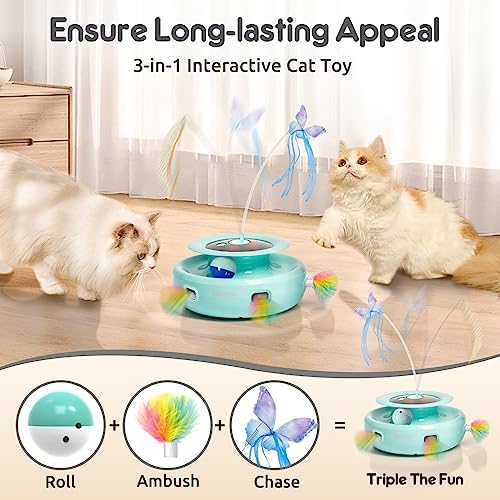 ORSDA Cat Toy, 3-in-1 Automatic Interactive Electronic Moving Ambush Feather, Fluttering Butterfly, Track Balls, USB Rechargeable Powered Smart Indoor Exercise Kicker