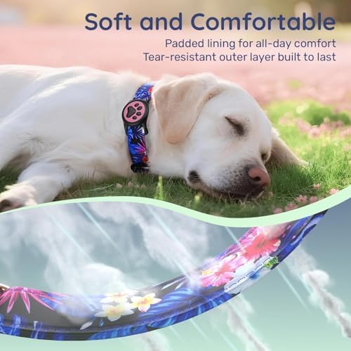 Airtag Dog Collar,with Waterproof airtag Holder，Original Stylish Cute Pattern Design.QR Code ID Buckle，Comfortable Soft Cotton for Small Medium Large Dogs