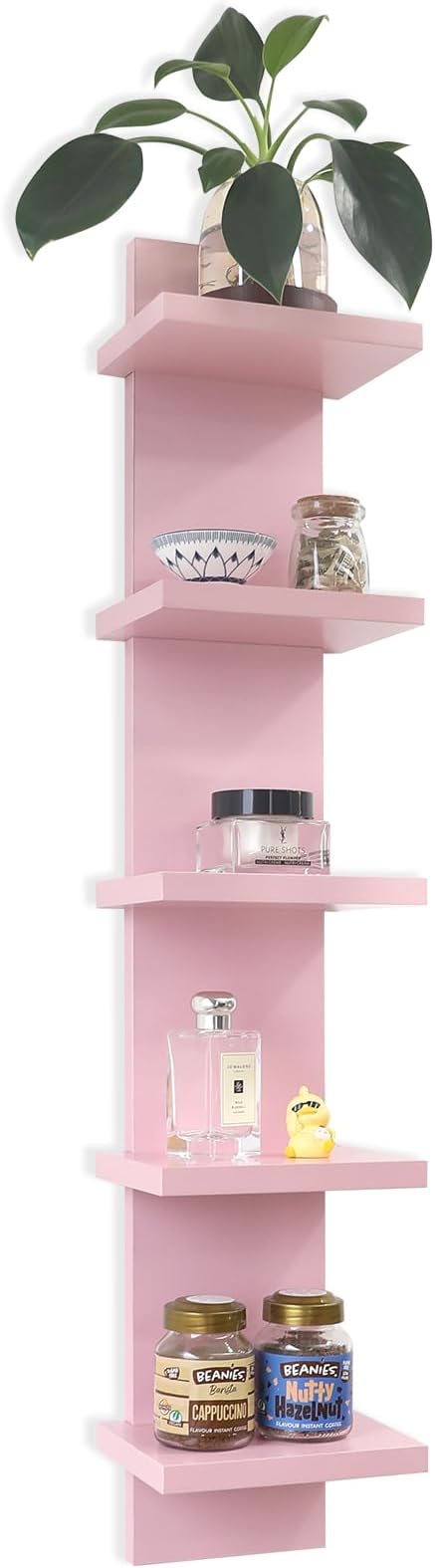 5 Tier Floating Wall Shelf, Pink | Modern Vertical Shelving Pink Room Decor Corner Shelf for Entryway, Bedroom, Bathroom, Study Room and Living Room