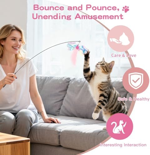 Pawaboo Cat Feather Wand Interactive Toy, 2 Feathers + 1 Wand with Bell
