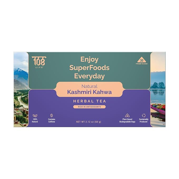 108LIFE Natural Kashmiri Kahwa Herbal Tea | Detox Tea | Herbal Tea Bags | Rich in Antioxidants | 100% Natural | With Plant-Based Biodegradable Pyramid Tea Bags | 30 Tea Bags Pack