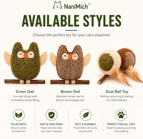 Gray Owl Catnip Cat Toy with Natural Stick, Interactive Plush Cat Toy for Indoor Cats, Bite Resistant Kitten Toy for Chewing, Kicking and Stress Relief