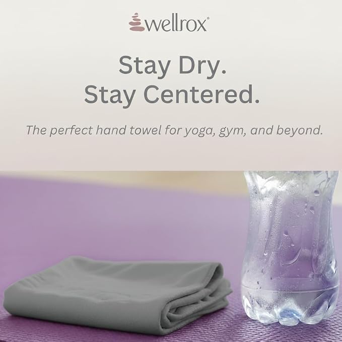 Wellrox Microfiber Yoga Hand Towel – Super Soft, Quick-Dry, Non Slip Yoga Towel for Hot Pilates, Gym & Workouts (26.5" x 16", Grey)