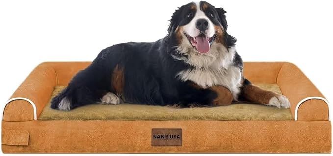 Orthopedic Dog Bed for Jumbo Dogs, 53 x 42 Inch, Orange | Egg crate foam for joint support, 3-sided bolster pet sofa, waterproof lining, washable cover, and non-skid base