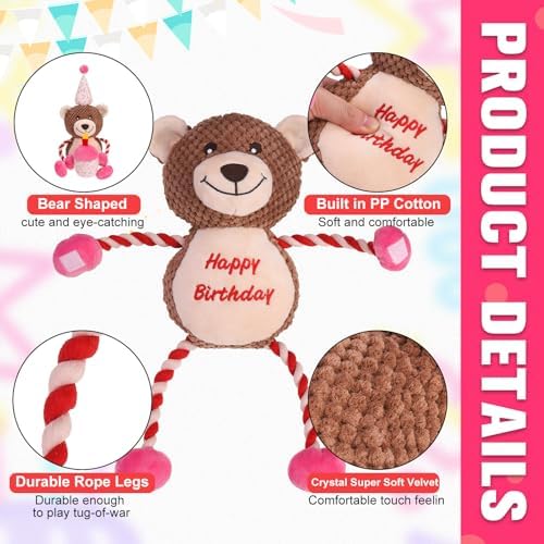 EXPAWLORER Squeaky Dog Birthday Toys - Durable Plush Dog Toy with Crinkle Paper,Chew Toys Soft Fabric for Small, Medium, and Large Dogs to Keep Them Busy,Training Reward, Pink Bear