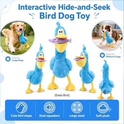 Squeaky Dog Plush Chew Toy Set, Interactive Tug Squeaky Toy for Chewers, Medium&Large Dogs&Fetch Play, 20.5 in Stuffed Bird with Bonus Fish Toy&Treat Storage Beak for Gentle Gum Care & Boredom Relief