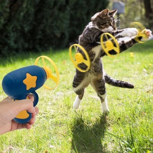 Andiker Cat Fetch Toy, Interactive Kitten Flying Disc Launcher Toy with 5 Colorful Flying Propellers for Cat Enrichment, Flying Saucer Toy for Cats for Training and Chasing (Pink)