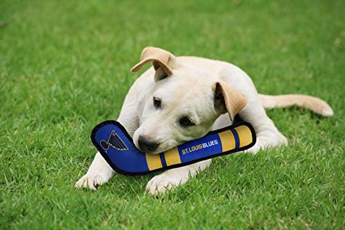 Pets First Dog Toy Tough Nylon with Inner Squeaker Licensed by NHL St. Louis Blues Hockey Stick Toy for Dogs & Cats. Play Hockey with Your Pet with This Licensed Dog Tough Toy