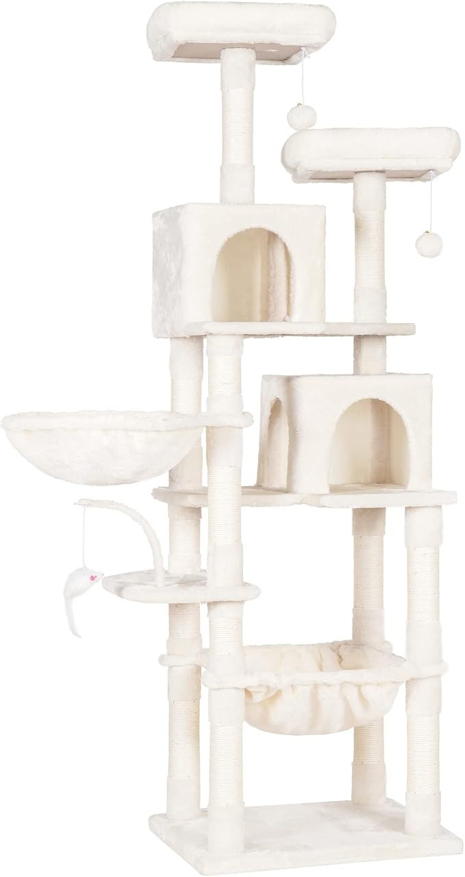 Heybly Cat Tree, 70 inches Tall Cat Tower for Indoor Large Cats HCT032M | Big Cat Condo with Toy , Cat House Furniture with Padded Plush Perch, Cozy Hammock and Sisal Scratching Posts, Beige